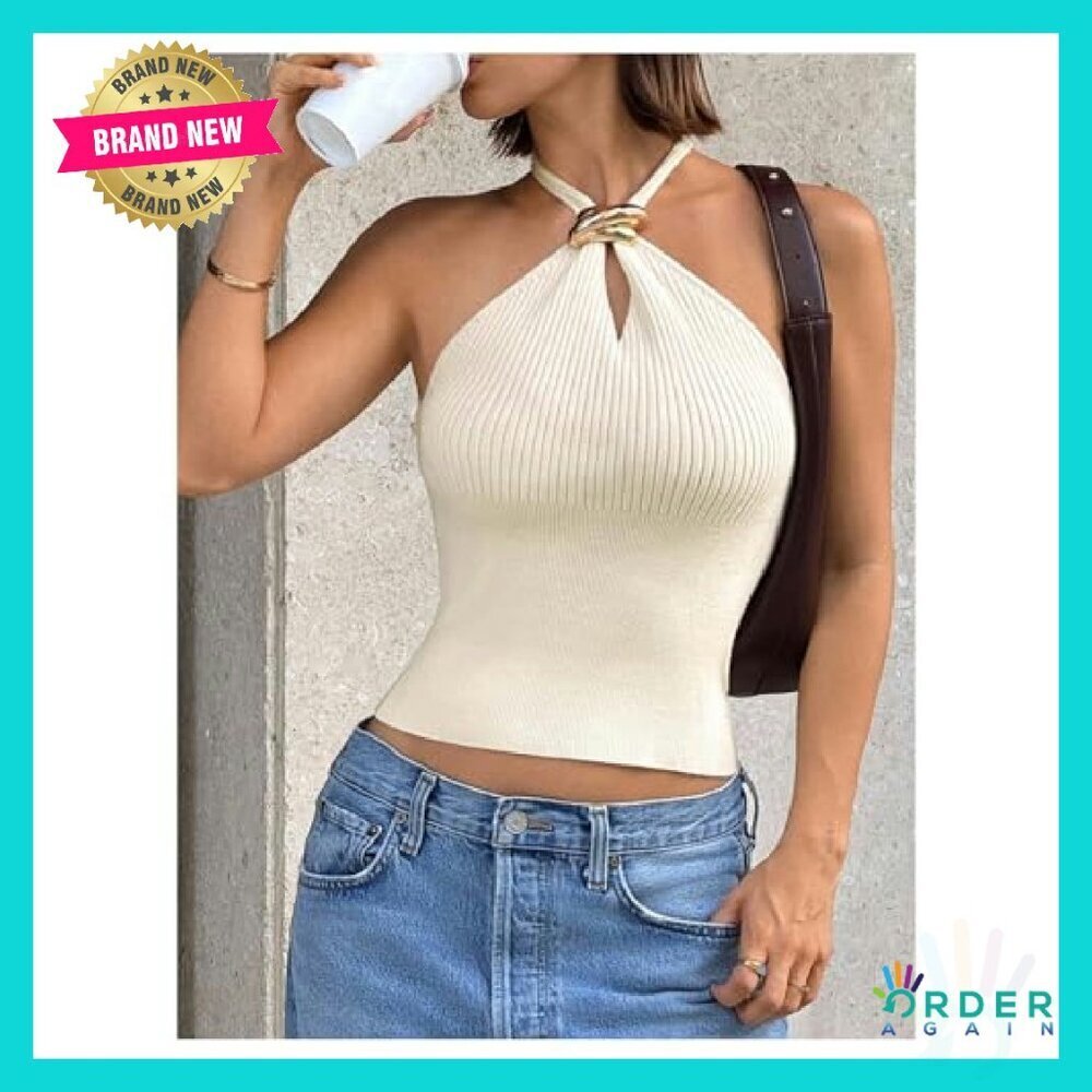 Ribbed Halter Cropped Top Sleeveless Racerback Chic Y2K Date Night - Picture 4 of 6
